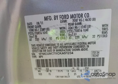 2012 Ford Escape Xls из США, поврежденный, VIN 1FMCU9C7XCKA51234